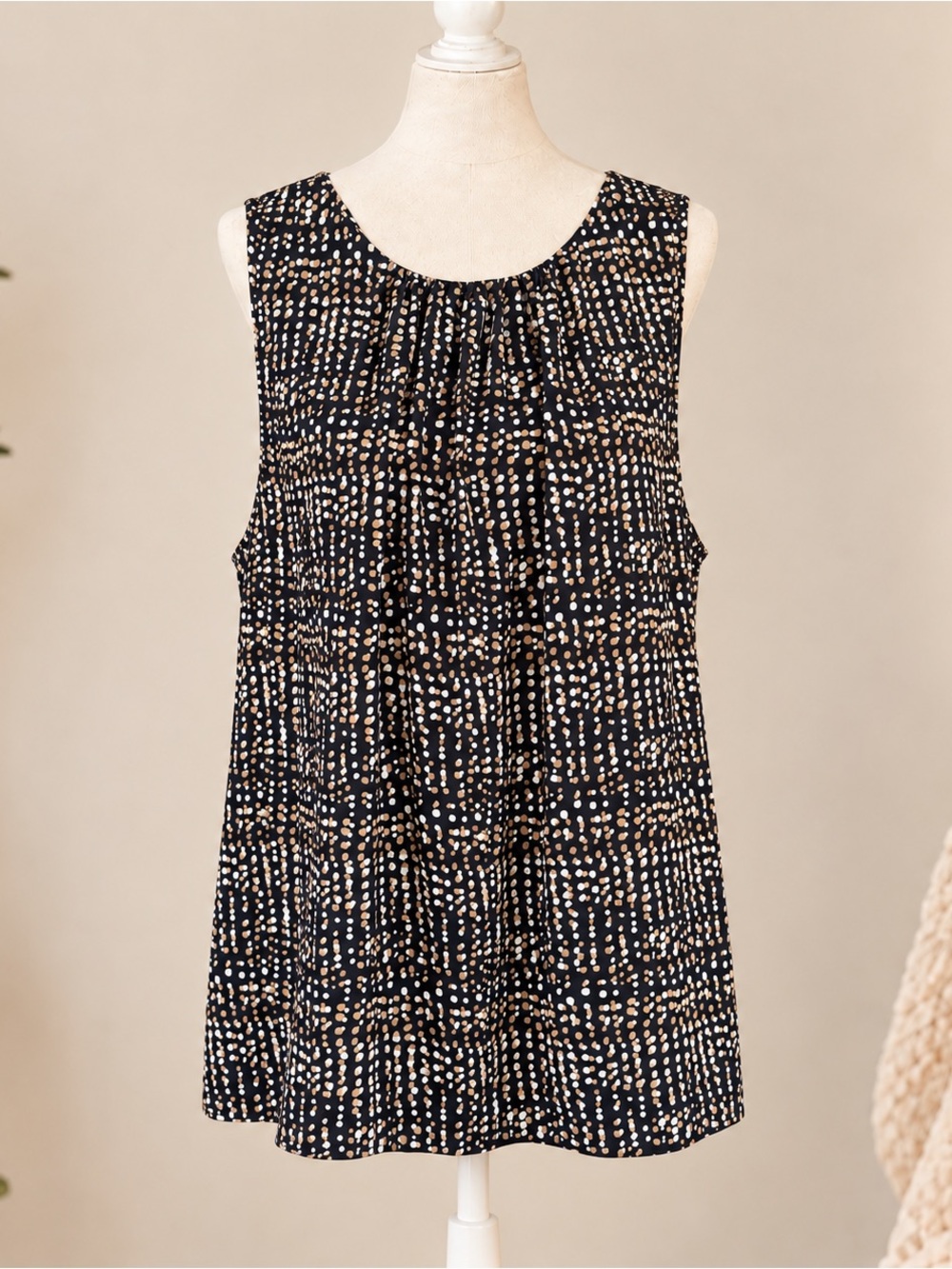 LOFT Outlet Navy Gold Tan White Dot Print Sleeveless Blouse XL